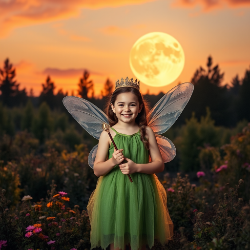 A vivid photo  taken under a bright camera flash of a fantastical scene set against a backdrop of a forest during sunset. The main subject is a girl dressed as a fairy, adorned with translucent wings and a green dress, holding a wand, her face is happy, and she wears a crown on her head. The forest behind her is a blend of flowers, shrubs and trees. The sky is painted in hues of orange and pink, with a large, glowing moon casting a warm glow over the scene. The overall color palette is dominated by earthy tones.
