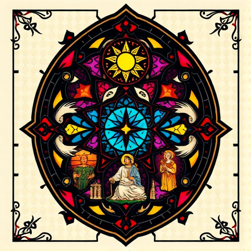 Ornate "Stained Glass Mosaic" tattoo design inspired by Gothic cathedral windows, featuring intricate patterns and religious or mythological scenes composed of vibrant, jewel-toned shapes outlined in bold black lines, creating a luminous and richly detailed tattoo that appears to glow from within, ideal for those who appreciate traditional craftsmanship and symbolism
