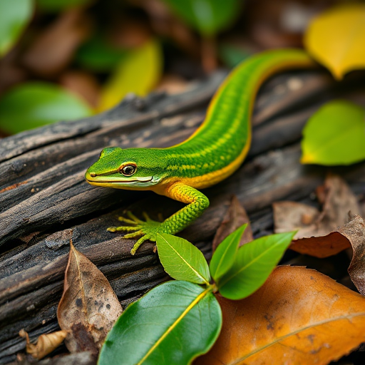 A close-up shot of a green and yellow skink resting on a log surrounded by leaves, taken with a DSLR camera at f/2.8 aperture, 1/125s shutter speed, ISO 400, using a macro lens for detailed texture and vibrant colors.