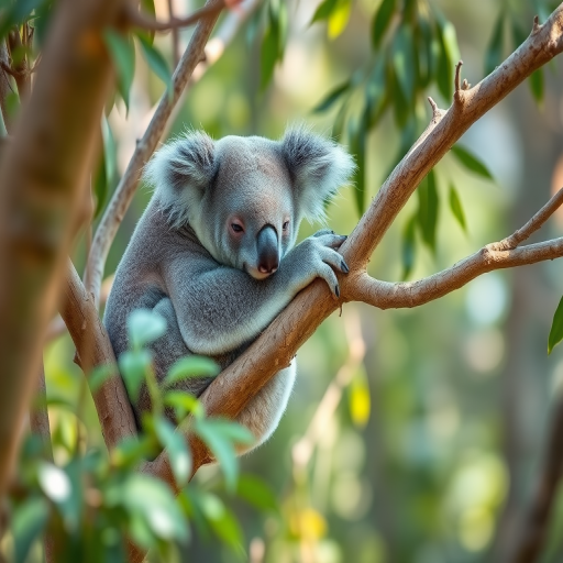 Create a high-resolution image of a koala resting on a tree branch in a natural habitat, captured with a DSLR camera, 50mm lens, aperture f/1.8, shutter speed 1/200s, ISO 200, with a shallow depth of field to focus on the koala and blur the background.