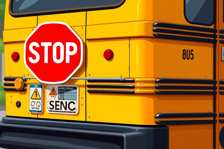 Create an illustration of a yellow school bus with a stop sign, using a high-resolution digital art style, viewed from the side, with a focus on vibrant colors and clear details, simulating a 35mm camera with a f/8 aperture for depth of field and 1/250 sec shutter speed for sharpness.