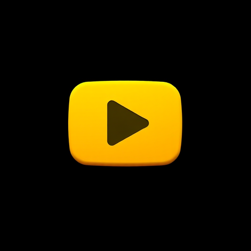 Create a high-resolution graphic of a stylized yellow play button icon set against a solid black background, using a Canon EOS 5D Mark IV with a 50mm f/1.8 lens, ISO 100, aperture f/8, and a soft focus effect to enhance color saturation and contrast.