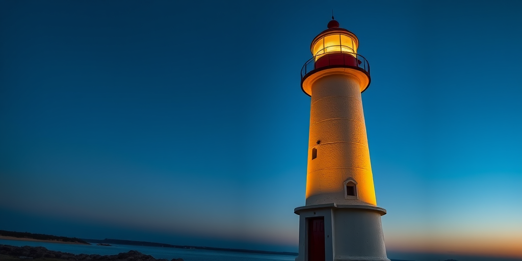 generate an image of a glowing lighthouse at dusk with a clear sky, foreground with the lighthouse illuminated, background showing a riverbank, camera settings: f/2.8, ISO 200, 1/60s, camera view: low angle focusing on the lighthouse, camera style: HDR photography, camera type: DSLR