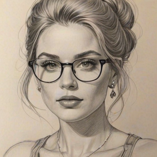 Gorgeous Jewel, pencil sketch, portrait of Sublime woman 1971s in glasses, hair style beatnik, outline, clear lines, fine lines, 8k