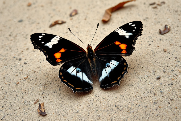 Generate an image of a butterfly with striking black wings featuring white and orange patterns. The butterfly is perched on a sandy surface with a few scattered leaves in the background, capturing the delicate details of its wings and the natural environment.