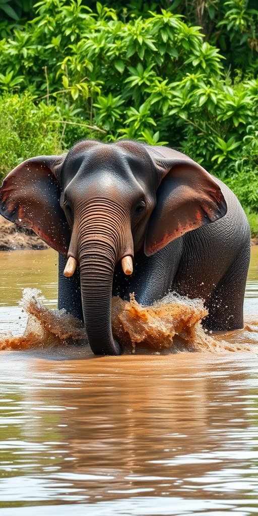Two playful elephants splashing in muddy water surrounded by lush green jungle, captured with a Canon EOS R5, 50mm lens, f/2.8, ISO 400, 1/500 second, in soft natural lighting to enhance details and contrast.