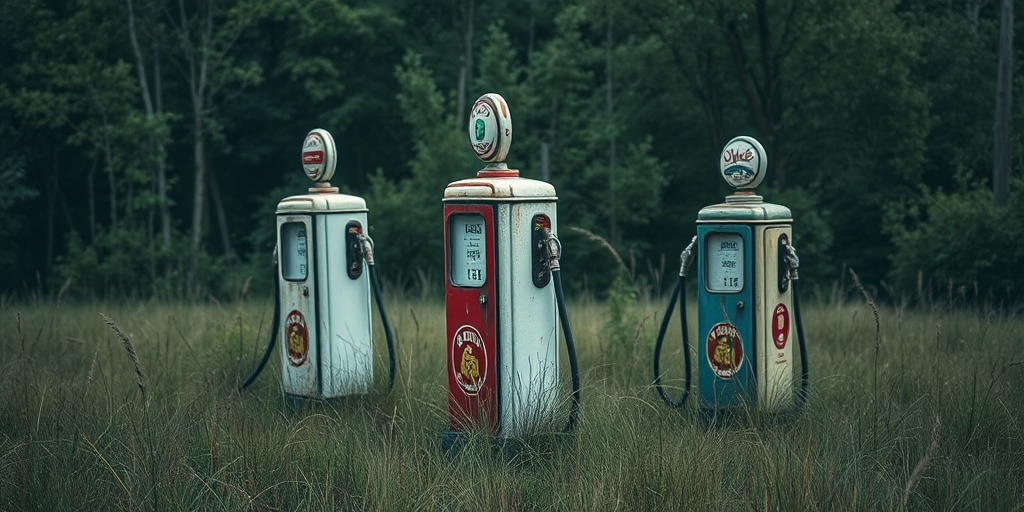 abandoned vintage gas pumps in overgrown grass with a moody atmosphere, shot with a Canon EOS R5, 35mm lens, f/8 aperture, ISO 200, soft natural light, shallow depth of field, HDR style, slightly desaturated colors for a vintage look