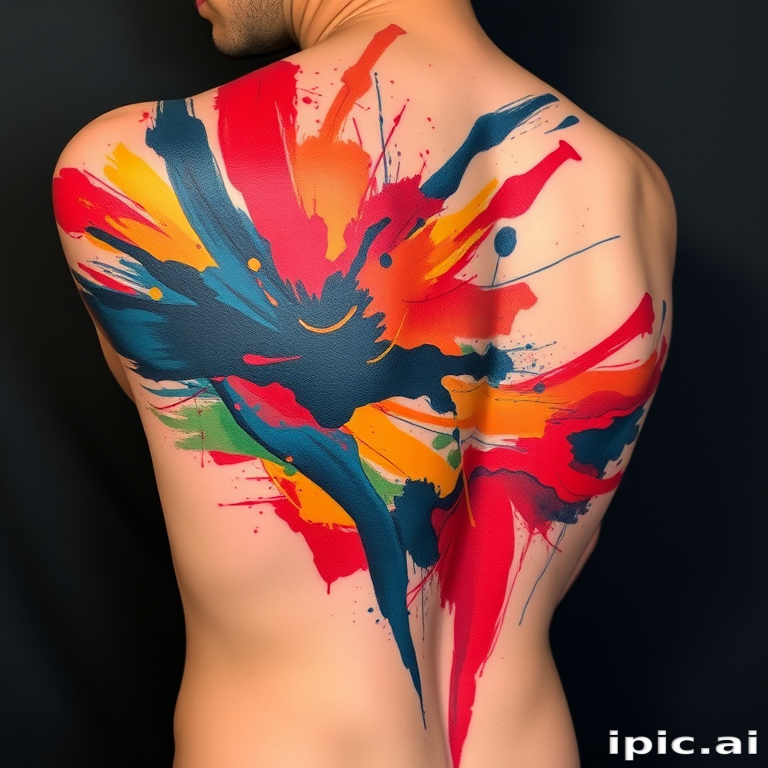 Abstract expressionist tattoo titled "Emotion in Motion" featuring bold, gestural brushstrokes and vibrant color fields that flow across the body, creating a sense of movement and energy while evoking raw emotions through the interplay of colors and forms