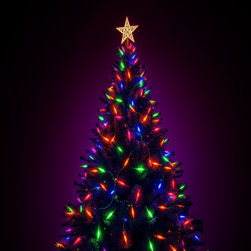 Create a vibrant Christmas tree illuminated with colorful lights against a completely dark background, shot with a DSLR camera at f/1.8 aperture, ISO 100, a shutter speed of 1/60 seconds, in a wide-angle view, using a long exposure technique for a glowing effect.