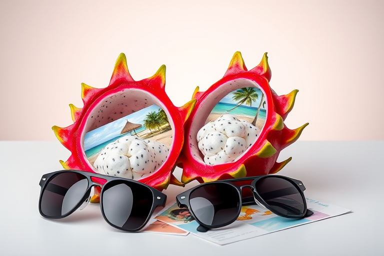Create a high-resolution image of two dragon fruits split open revealing a tropical beach scene inside, with sunglasses and a postcard beside them, captured with a DSLR camera, 50mm lens, f/1.8 aperture, 1/125s shutter speed, and soft diffused lighting for a smooth background gradient.