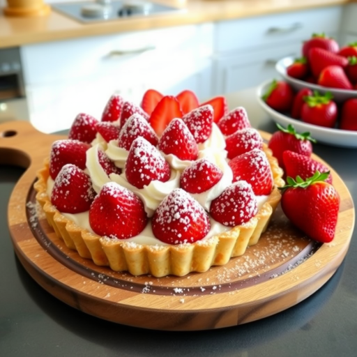 A beautifully crafted strawberry tart topped with whipped cream and dusted with powdered sugar, placed on a wooden serving platter, with fresh strawberries on the side and a bright kitchen background.