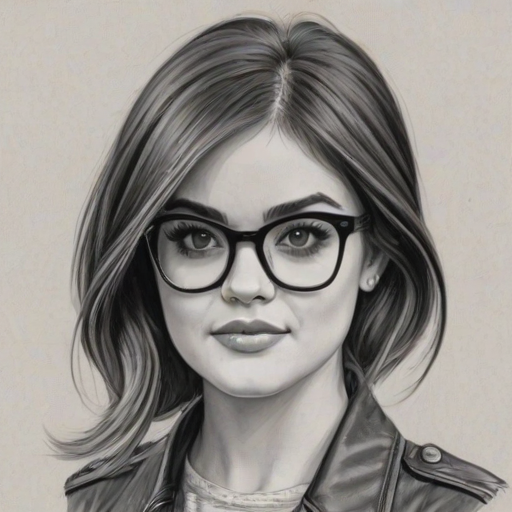 Dazzling Lucy Hale, pencil sketch, portrait of Pleasing woman 1967s in glasses, hair style beatnik, outline, clear lines, fine lines, 8k
