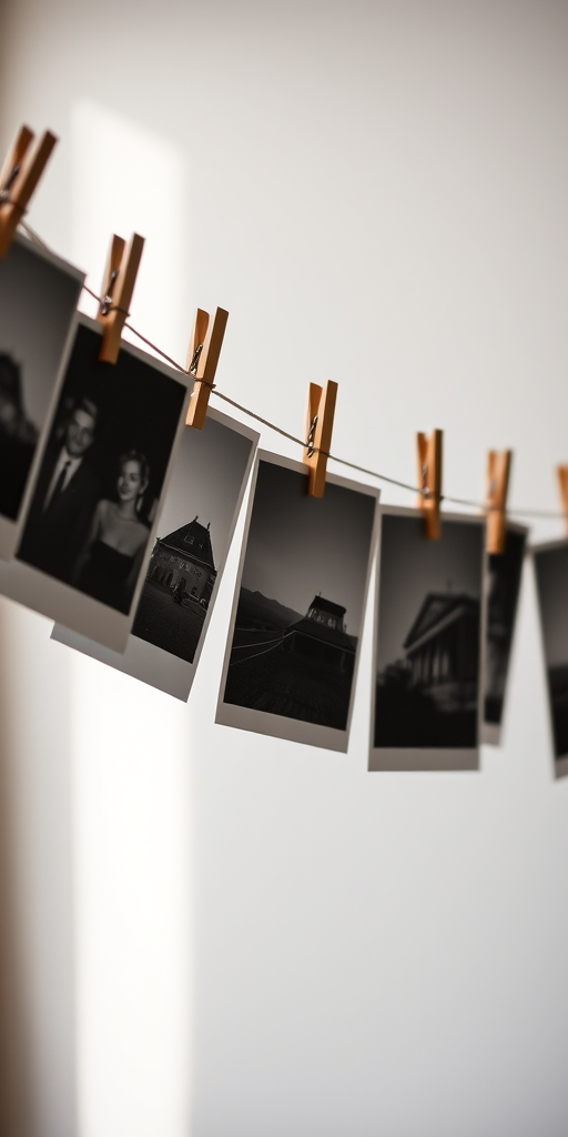 photograph of black and white photos hanging on a string with clothespins against a plain wall, captured with a Canon EOS R5, 50mm lens, f/1.8 aperture, ISO 200, 1/125 sec shutter speed, soft natural light from the left, shallow depth of field for enhanced background blur