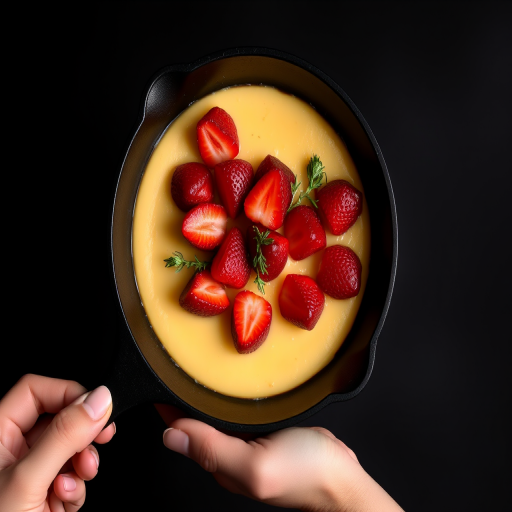 A beautifully arranged dessert in a black pan featuring a smooth golden base topped with vibrant red strawberries and herbs, with a hand holding the pan, set against a dark background.
