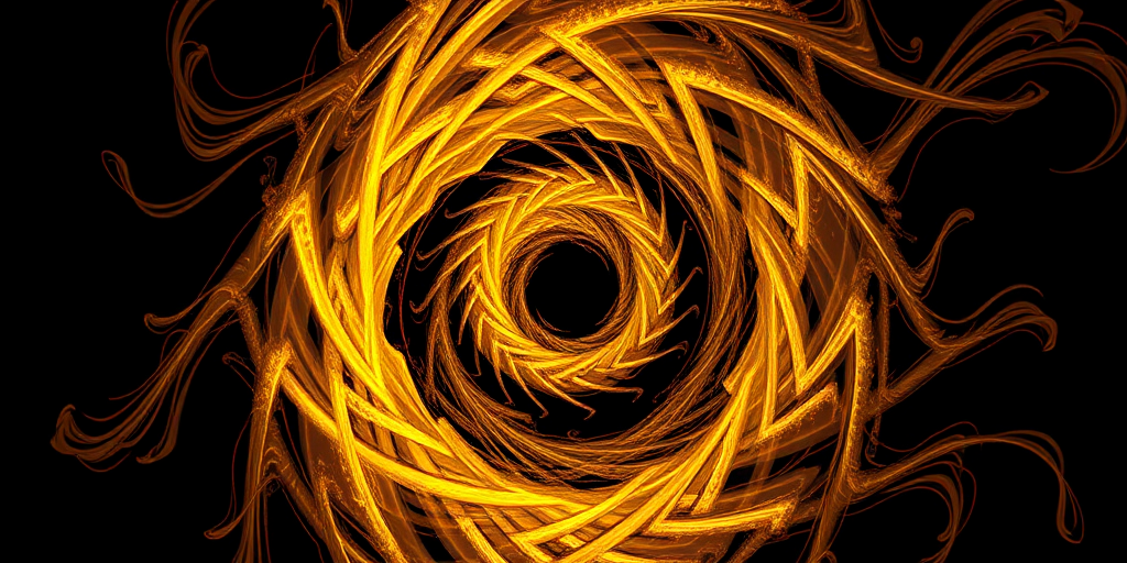 Create a high-resolution abstract fractal image of a swirling golden vortex on a dark background, using a DSLR camera at f/8 aperture, 1/60 shutter speed, ISO 100, with a macro lens to capture intricate details, in a top-down view for depth enhancement.