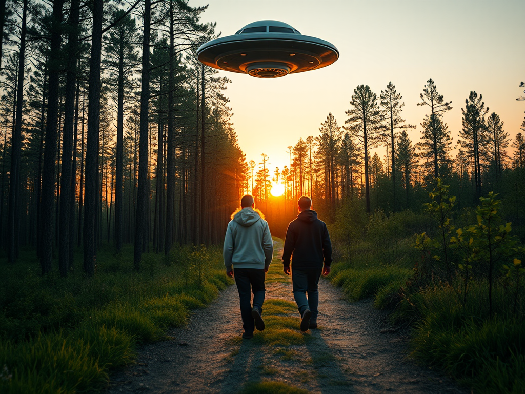 Create a scenic image of two individuals walking on a forest path during sunset with a UFO hovering above, captured in a DSLR camera with a 24mm lens, aperture f/8, ISO 100, shot at golden hour for enhanced lighting and soft focus background.