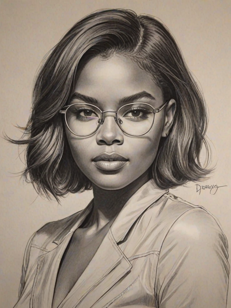 Pleasing Ryan Destiny, pencil sketch, portrait of Ravishing woman 1927s in glasses, hair style beatnik, outline, clear lines, fine lines, 8k