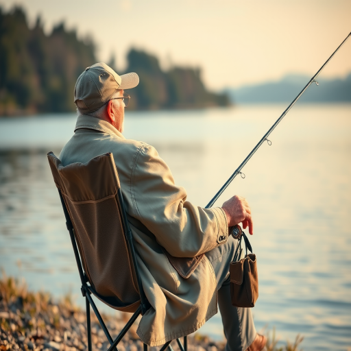 A serene lakeside scene featuring an elderly man fishing, wearing a beige coat and cap, sitting on a folding chair with a fishing rod, soft focus, natural lighting, 50mm lens, aperture f/2.8, ISO 100, shallow depth of field, high-resolution, vibrant colors.