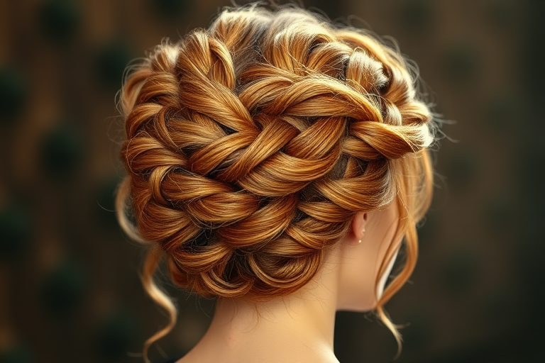 Regal hair style displaying a braided crown updo incorporating multiple shades of warm caramel and toffee blonde highlights