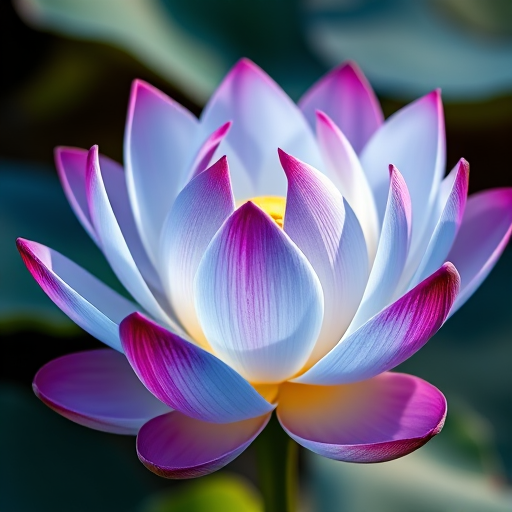 Create a high-resolution digital illustration of a lotus flower with vibrant blue and gold gradients, using a macro lens at f/2.8, ISO 100, natural soft lighting, and a 50mm DSLR camera for enhanced clarity and detail.