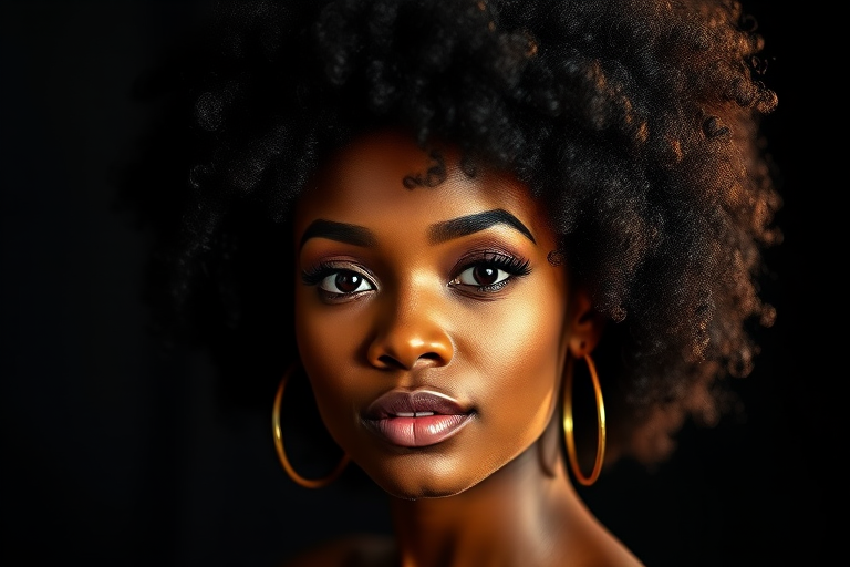 portrait of a woman with an afro hairstyle, dramatic lighting, shallow depth of field, 85mm lens, f/1.8, ISO 100, 1/200s, studio setting, soft bokeh background