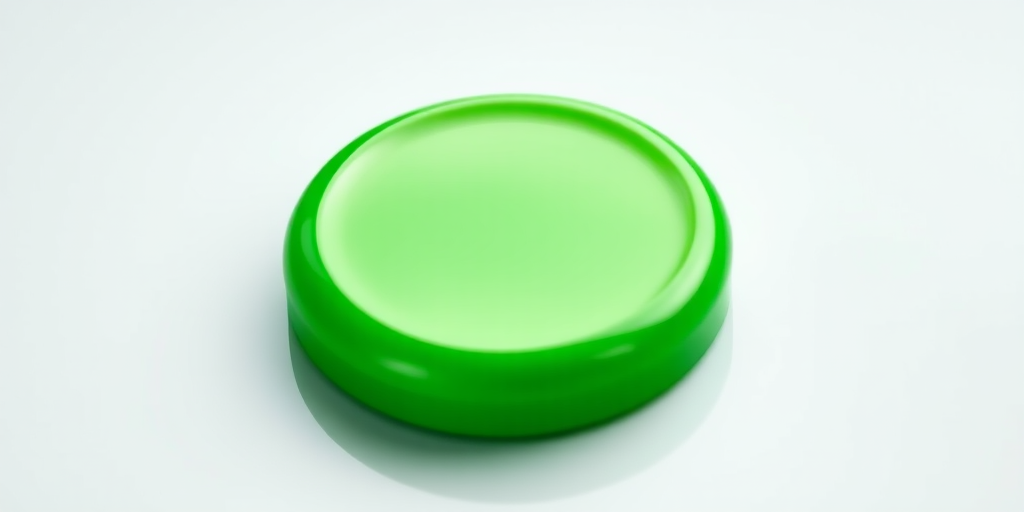 Create a high-resolution image of a glossy green button with a smooth surface, soft reflections, and a subtle gradient; use a macro lens for sharp detail, aperture set to f/2.8 for a shallow depth of field, ISO 100 for minimal noise, and a soft light source to enhance the glossy effect.