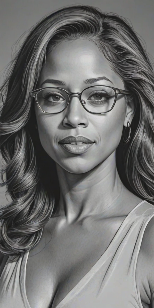 Attractive Stacey Dash, pencil sketch, portrait of Graceful woman 1949s in glasses, hair style beatnik, outline, clear lines, fine lines, 8k