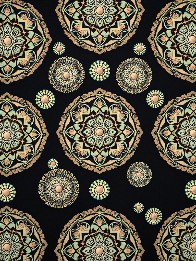 create a seamless pattern of intricate circular designs in soft pastel colors against a dark background, shot with a Canon EOS R5 at f/8, ISO 100, 24mm lens, top-down view, soft lighting to enhance the details and textures