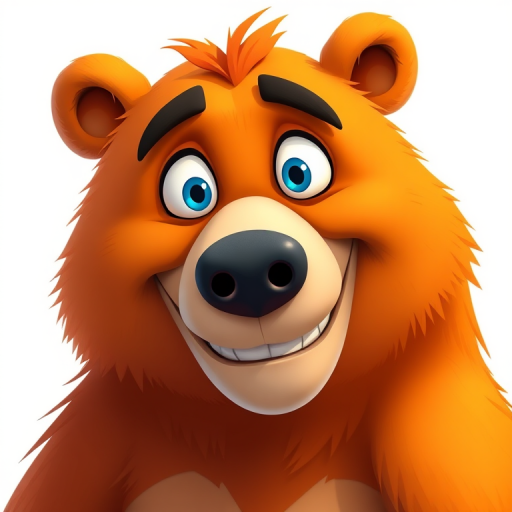 Create a cartoon-style image of a bear with an exaggerated expression, bright orange fur, blue eyes, and a friendly demeanor, captured with a Canon EOS 5D Mark IV camera, 50mm lens, f/2.8 aperture, ISO 100, natural lighting, sharp focus, vibrant colors.
