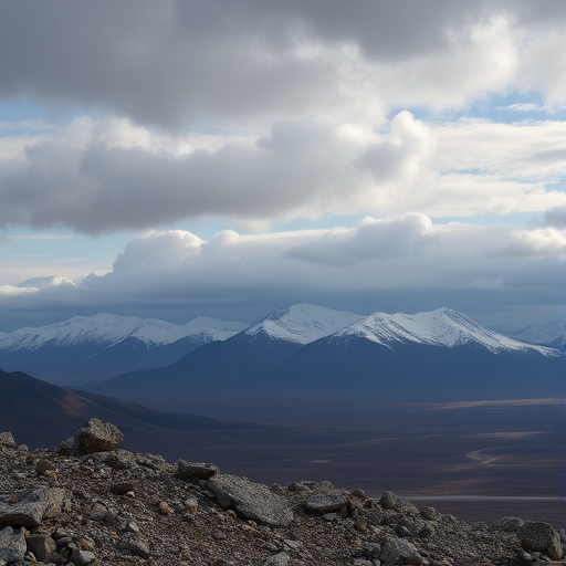 a panoramic view of snow-capped mountains under a cloudy sky, with a rocky foreground and barren landscape
