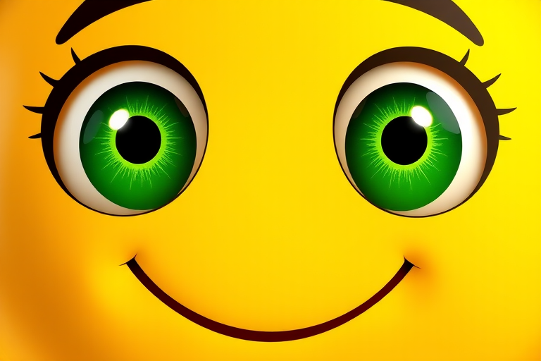 Create a high-resolution image of a smiling yellow emoji with large green eyes, using a DSLR camera at f/2.8 aperture, 50mm lens, and natural lighting for a clear and vibrant look, capturing a front view.