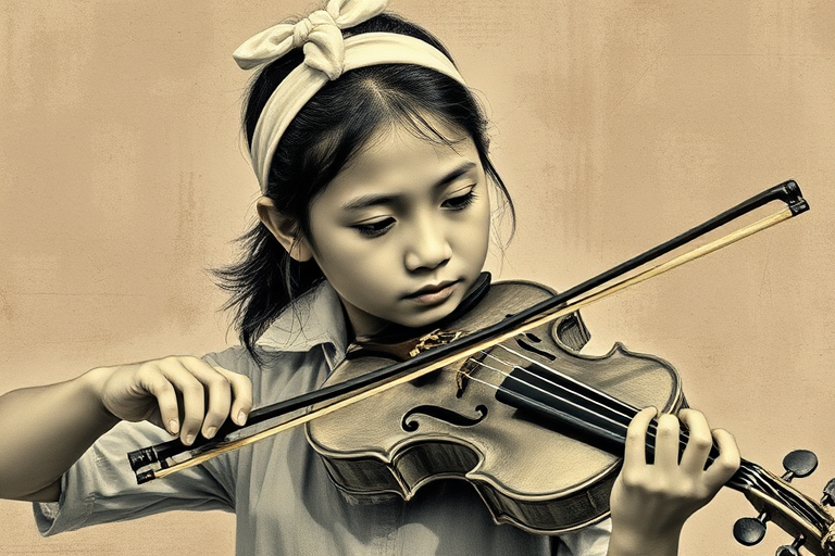 a young Cambodian woman with a white headband playing a violin, in the style of a charcoal drawing, sepia grunge background