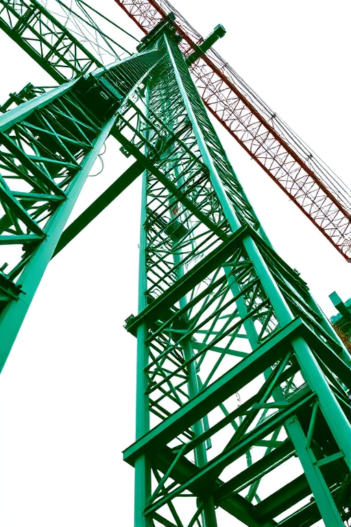 Create a high-resolution vector illustration of an abstract crane structure with a green color scheme, using a 50mm lens, f/8 aperture, ISO 100, shot from a low angle to emphasize height and detail.