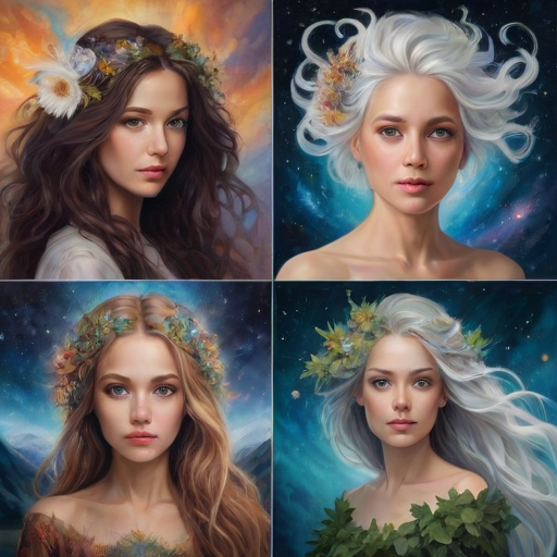 Create a series of imaginative portraits where each subject is infused with elements of fantasy and nature. The hair of the individuals should flow like clouds, varying from soft, fluffy cumulus to wispy cirrus strands, with hints of color reflecting a sunset or a clear blue sky. The eyes should be windows to entire galaxies, with stars, nebulae, and distant planets visible within them. Clothing should be adorned with nature motifs, such as floral patterns that bloom and change, vines that seem to grow and wrap around, or feathers that shimmer with iridescence. Each portrait should capture a unique personality, blending human features with the ethereal beauty of the natural and cosmic world. The backgrounds can vary, from starry night skies to enchanted forests, adding depth and context to the magical realism of the portraits