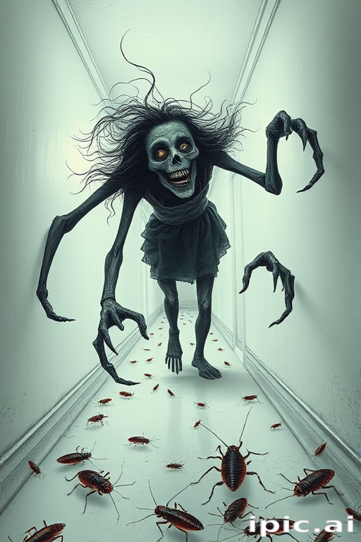 a crooked woman with long arms and a creepy smile is crawling along a long white corridor and you can also see cockroaches in it there is a creepy atmosphere creepy art style