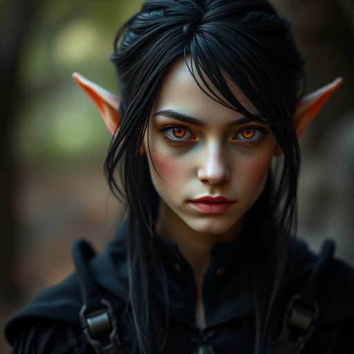 portrait of an elf with black hair and orange eyes, wearing dark fantasy attire, soft lighting, 85mm lens, f/1.4 aperture, ISO 100, shallow depth of field, soft bokeh background, DSLR camera