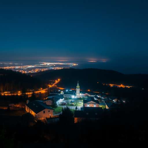 Capture a scenic nighttime view of a small town with illuminated buildings and a distant horizon, using a full-frame camera at ISO 800, f/4 aperture, 30 seconds exposure, and a 50mm lens to enhance details and depth of field.
