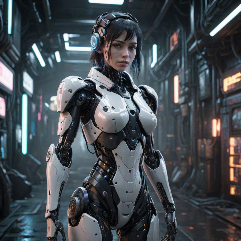 cgi render of a robot girl in a cyberpunk futuristic environement