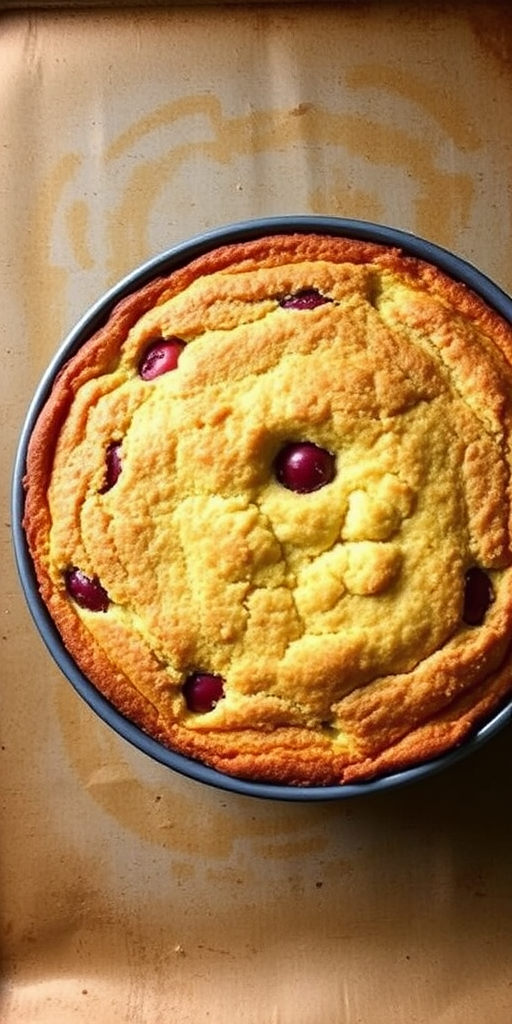 A freshly baked cake in a round springform pan with a golden brown top and a crumbly texture, placed on a rustic baking sheet with a slightly worn surface. The cake features visible bits of fruit peeking through the top crust, creating an inviting and homemade appearance.