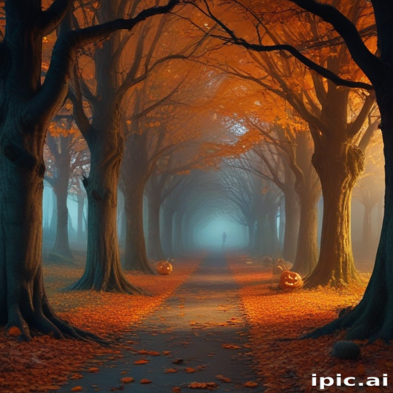 Enchanting Autumn Pathway Lined with Pumpkins Amidst Colorful Fallen Leaves