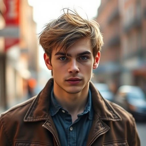 Generate a portrait of a young man with tousled hair wearing a vintage jacket, captured in soft lighting with a shallow depth of field at f/1.8, shot with a 50mm lens on a DSLR camera, with a focus on facial features and a blurred urban background.