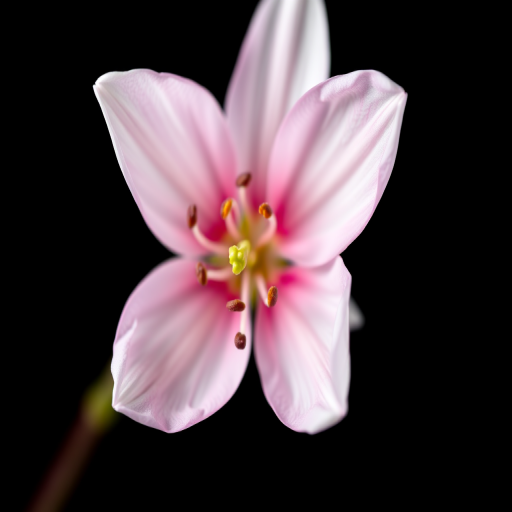 macro shot of a delicate flower with soft pink and white petals, focused on the intricate details of the petals and the stamen, shallow depth of field, aperture f/2.8, ISO 100, shutter speed 1/200s, shot with a DSLR camera, natural lighting, isolation on a black background