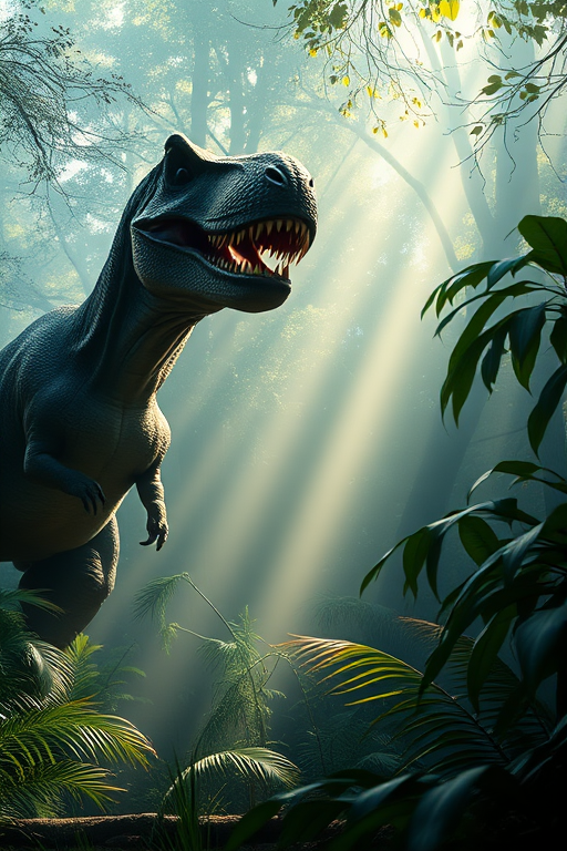 Create a hyper-realistic image of a Tyrannosaurus rex in a lush, misty jungle with dappled sunlight streaming through the trees, 35mm lens, f/2.8 aperture, ISO 100, shot from a low angle to emphasize the dinosaur's imposing size, using a DSLR camera.