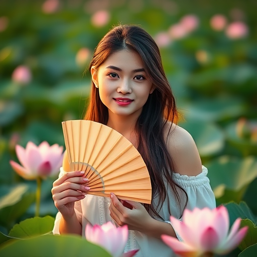 Regenerate the image of a young woman holding a fan while sitting in a lush lotus field, using a DSLR camera with a 50mm lens, aperture set to f/1.8 for shallow depth of field, ISO 200, and natural lighting during golden hour for enhanced warmth and clarity.