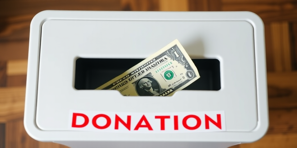 create an image of a donation box with a dollar bill being dropped in with a clean, modern design, high resolution, shot from a top-down view with a shallow depth of field, using a DSLR camera at f/2.8 aperture and ISO 100