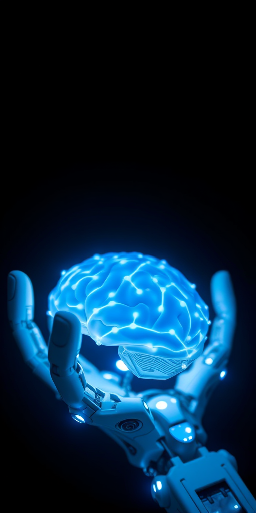 A futuristic robotic hand holding a glowing, interconnected brain, illuminated with blue and white lights, against a dark gradient background, shallow depth of field, 50mm lens, aperture f/1.8, ISO 100, HDR photography.