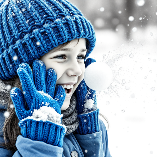 A hyperdetailed photorealistic macro image black and white pencil sketch of a young girl getting hit by a snowball during a snowball fight. She is wearing a brilliant sapphire blue wool beanie and bright blue mittens. She is trying to block the snowball by putting her hands up. The snowball hits her beanie and disintegrates into myriad tiny snowflakes caught with high speed photography. The girl is laughing and having a wonderful time.
