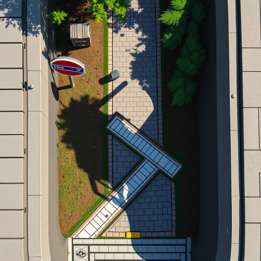 Create a high-resolution digital illustration of a zigzag pathway with a bus stop sign, captured with a 50mm lens on a DSLR camera, aperture set to f/8 for sharp detail, a slight overhead view to emphasize the pathway's shape, using natural daylight for true color representation, enhancing the contrast and saturation in post-processing.