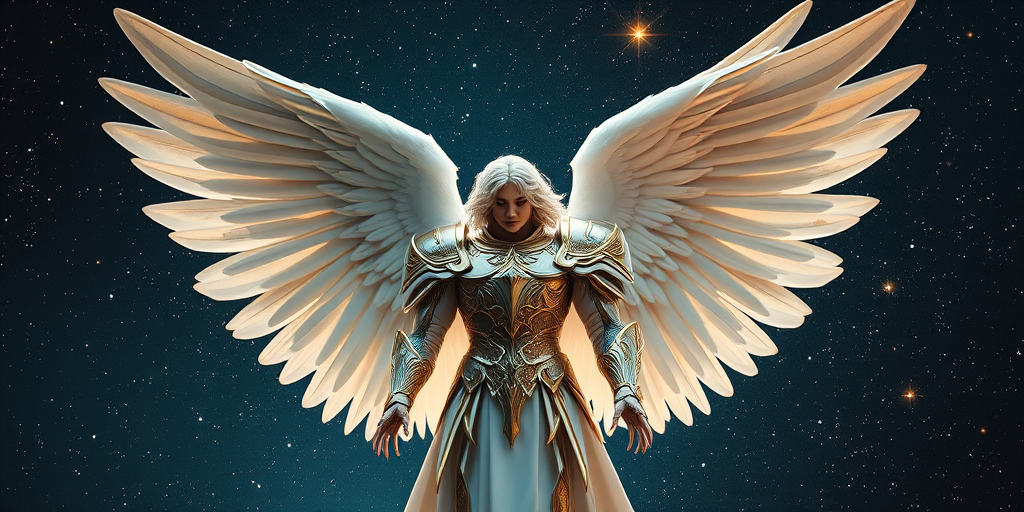 Create an image of a majestic angel with detailed white and gold armor, large wings spread, standing against a cosmic background filled with stars and galaxies, using a Canon EOS R5, 50mm lens, f/1.4 aperture, ISO 100, and a soft focus to enhance ethereal quality.