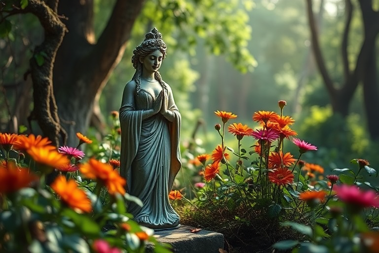 Create an ethereal forest scene featuring a serene goddess statue surrounded by lush greenery and vibrant flowers, captured in soft, diffused natural light with a Canon EOS R5, 50mm lens, f/1.8 aperture, ISO 100, using a shallow depth of field to enhance the mystical atmosphere.